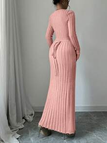 Rafferiza Women's Solid Color Round Neck Long Sleeve Fitted Ribbed Maxi Sweater Dress, Autumn/Winter - Dusty Pink - View 2