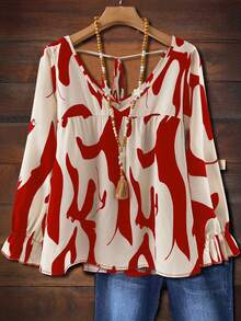 EMERY ROSE Plus Size Women V-Neck Back Tie Full Print Long Sleeve Autumn Blouse - Red - View 1