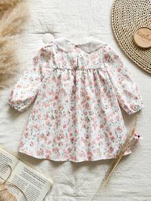 SHEIN Vintaside Kids Baby Girl Sweet Ditsy Floral Puff Sleeve Peter Pan Collar Dress, Autumn