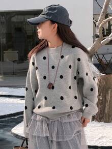 DAZY Tween Girls Round Neck Polka Dot Knit Sweater, Fall - Grey - View 4