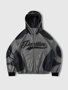 ROMWE MEN Áo hoodie thời trang thường ngày dành cho nam in chữ và chấm bi, khóa kéo phía trước, mùa xuân/thu - Xám - Xem 1