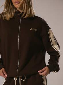 Sweat Stripe Side Musera Sport Jacket Active Gymwear Fitness Desert Runner Fall Winter - Coffee Brown - View 2