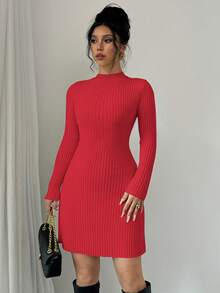 Selianne Váy dệt kim dài tay cổ đứng ôm sát màu trơn dành cho nữ - Đỏ - Xem 5