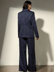 Aveloria Modichic Bộ vest kẻ sọc thời trang thanh lịch kiểu Hàn Quốc và quần ống rộng cho nữ - Màu xanh hải quân - Xem 2