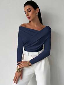 Firerie 女士优雅简约时尚不对称荷叶边领长袖露脐白色上衣，适合日常通勤、音乐节、度假等场合。 - 藏蓝色 - 查看 10
