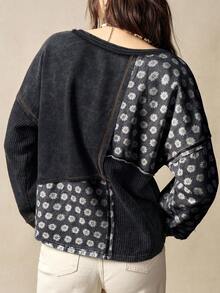 Bohemela 女士休闲针织拼接圆领宽松长袖卫衣，秋冬季 - 黑色 - 查看 6