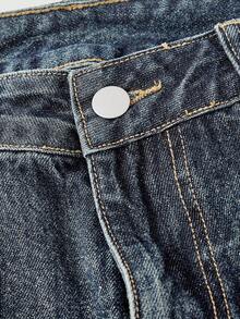 ROMWE J-Fashion 男女皆宜的复古街头风中国艺伎书法刺绣宽松阔腿七分牛仔裤 - 藍色 - 查看 3