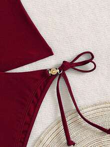 Swim Chiccia Women's Beach Summer Music Festival Spaghetti Strap Metal Jewelry Knotted Thong Mature Vacation Style Tankini Set - Burgundy - View 3