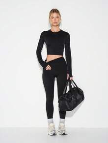 KIZN High Shine Long Sleeve Cropped Active Top For Sports Training Workouts - Black - View 3