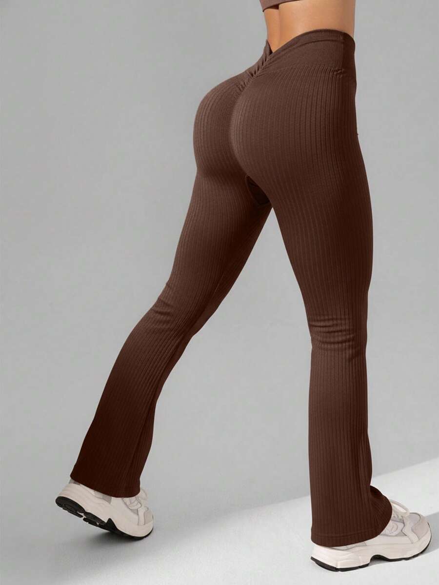 Easithlete Seamless Sports Yoga Flare 7/8 Leggings, High Waist Tummy Control Ruched Back, Moisture Wicking, Suitable For Fitness, Outdoor, Running, Cycling, Fashionable & Sexy Brown Flared Pants Boot Cut Yoga Pants Brown Legging Ribbed Leggings Flared Leggings Brown Yoga Pants - Coffee Brown - View 1