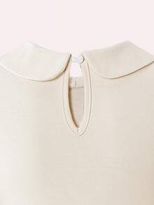 女童休闲翻领刺绣弹力撞色彼得潘领长袖连衣裙，时尚百搭，优雅大方，适合秋冬季穿着 - 卡其色 - 查看 3