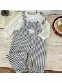 Pixure   Young Boy Woven Striped Bear Graphic Bib Overall Jumpsuit,جمبسوت,Striped Jumpsuit,Overalls, Boy Clothes,ملابس شتويه
