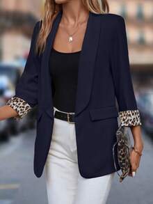 SHEIN Clasi Leopard Print Shawl Collar Open Front Blazer In Fall/Winter - Blue - View 3