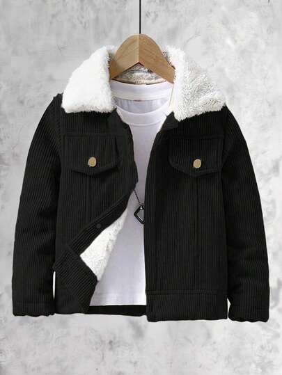 SHEIN Vacaura 青少年男童休闲复古灯芯绒翻领抓绒外套，适合秋冬季学校郊游