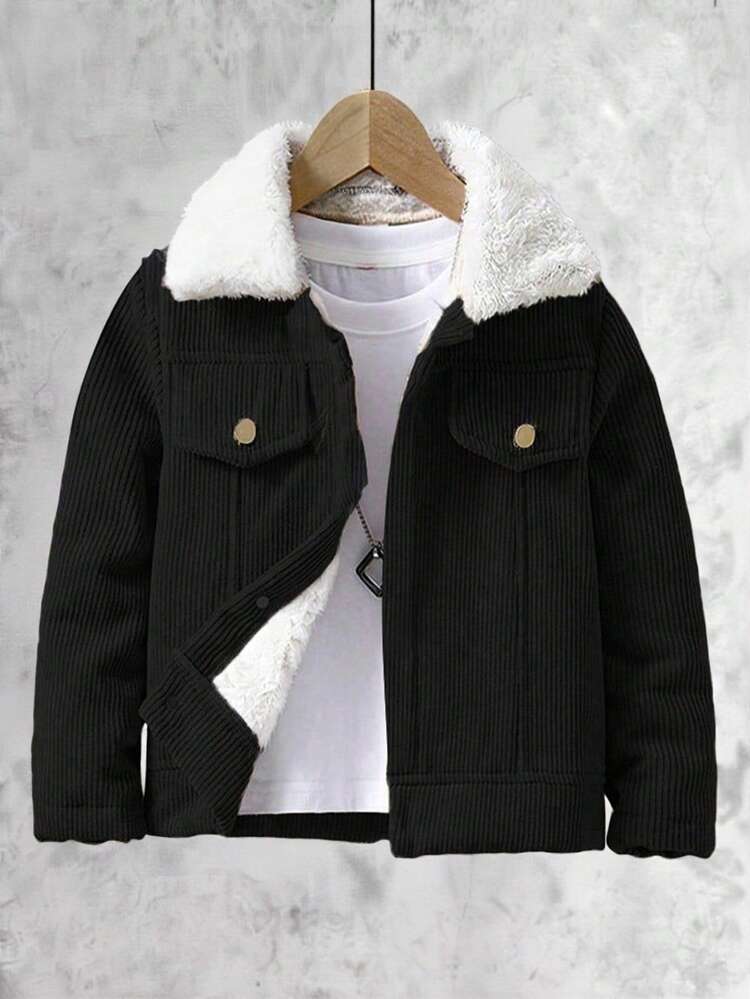 SHEIN Vacaura Tween Boy Casual Retro Corduroy Collar Fleece Jacket, Suitable For Autumn/Winter School Outings - Black - View 1