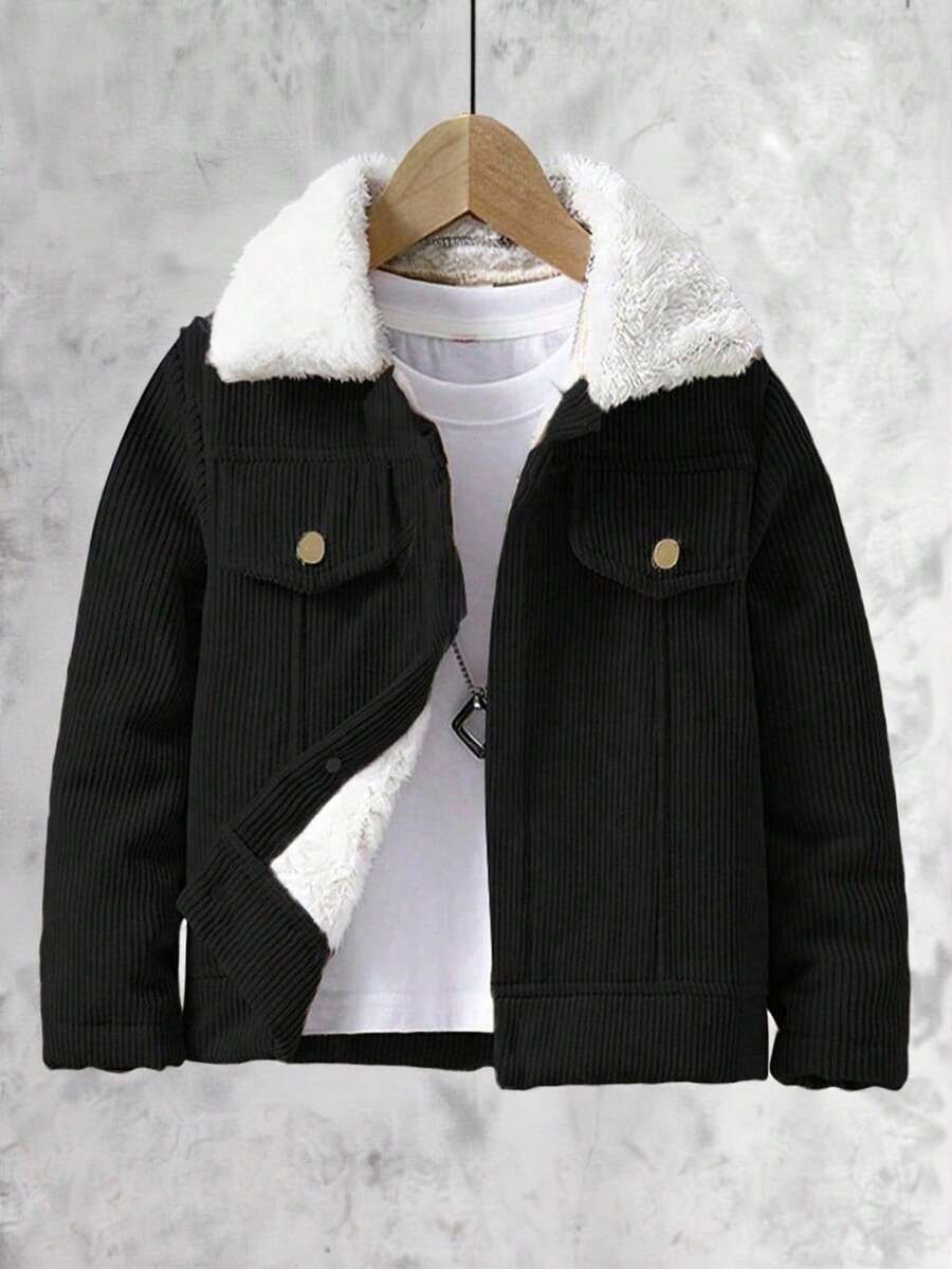 SHEIN Vacaura Áo khoác nỉ nhung cổ bẻ phong cách retro cho bé trai tuổi teen, thích hợp cho các buổi đi chơi mùa thu/đông ở trường - màu đen - Xem 1
