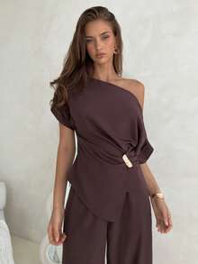 Aloruh 女士褶皱肩部咖啡色通勤上衣和裤子套装 - 咖啡棕 - 查看 8