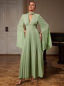 Silquee 女士优雅派对纯色褶皱披肩袖连衣裙 - 綠色 - 查看 4