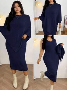 Firerie Set de 2 piezas Suéter estilo poncho y vestido recto de cuello en V para mujer de talla grande, adecuado para el Día de San Valentín, conciertos, actuaciones, citas, cenas formales, galas, bodas, sexy, elegante, para ir al trabajo, vuelta al colegio, vacaciones, playa, romántico, para oficinista, estilo de sirena, fiesta de cumpleaños. Vestido de suéter de manga de murciélago, vestido elegante de dos piezas de manga larga cómodo para otoño/invierno - Azul Marino - Ver 1