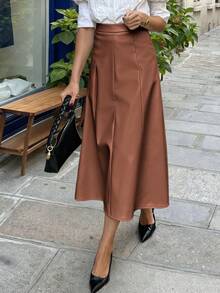 Pariaura Women's Solid Color A-Line Skirt, Suitable For Commuting - Chocolate Brown - View 3