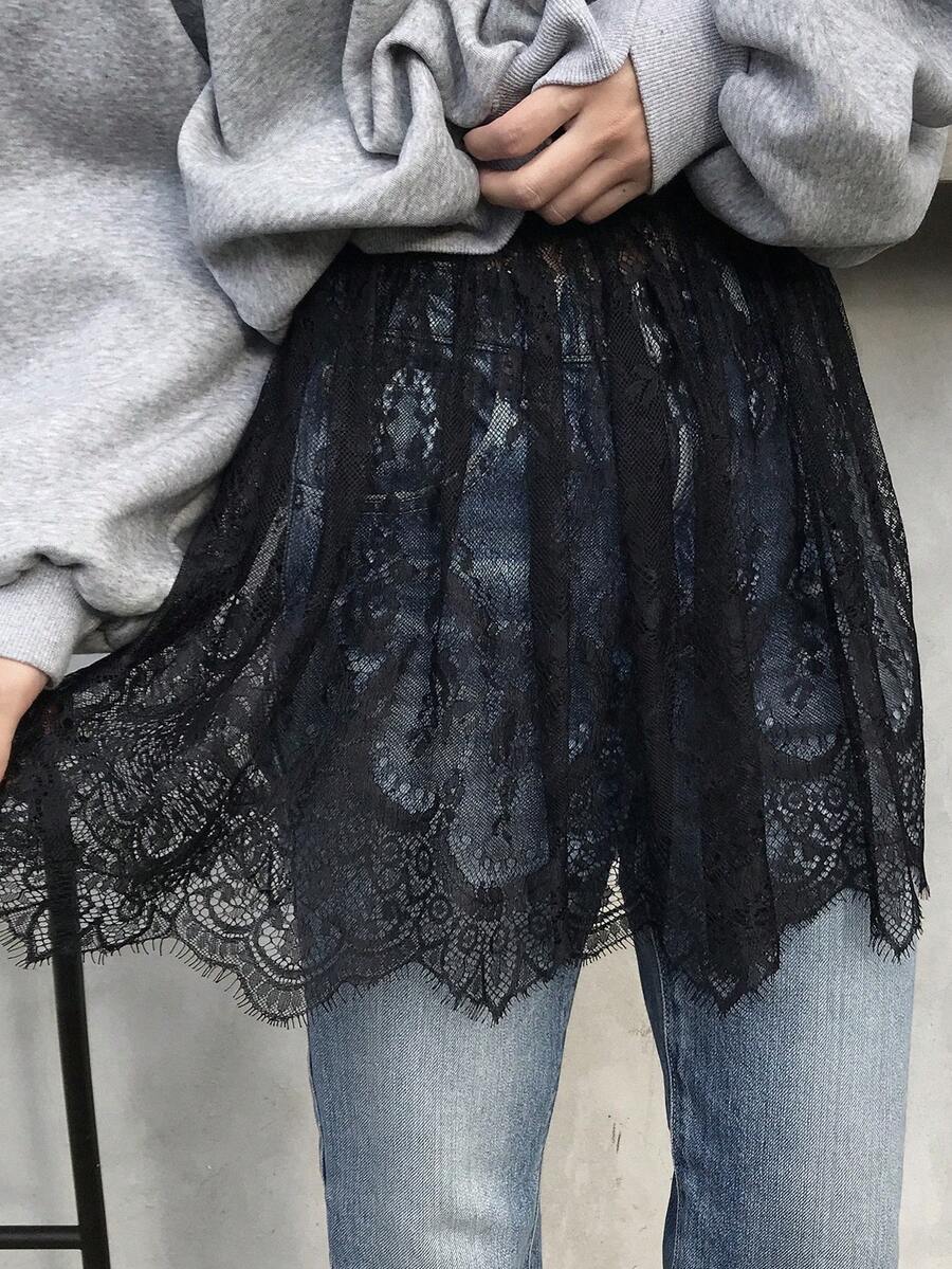FRIFUL Women's Elastic Waist Floral Lace Fashion Skirt - Black - View 1