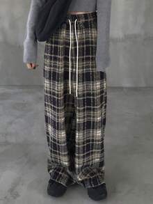 FRIFUL 女士格子抽绳腰直筒休闲裤，百搭 - 黑色 - 查看 3