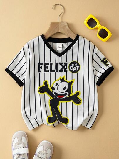 SHEIN Felix The Cat Young Girl Cartoon Cat Black & White Striped V-Neck Short Sleeve T-Shirt, Playful School Style, Summer