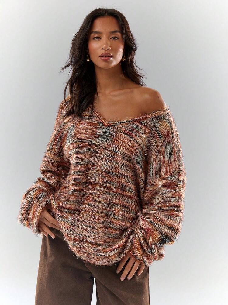 Glamine Autumn/Winter Fashion Ombre Sequin Decor Drop Shoulder Loose Knit Sweater - Brown - View 6