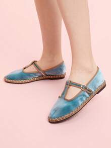 CUCCOO DOLLMOD 女士海军蓝优雅丝绒经典舒适T字带玛丽珍平底鞋 - 水藍色 - 查看 4