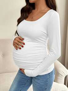 SHEIN 孕妇纯色简约长袖T恤，日常孕妇装 - 淺粉色 - 查看 3