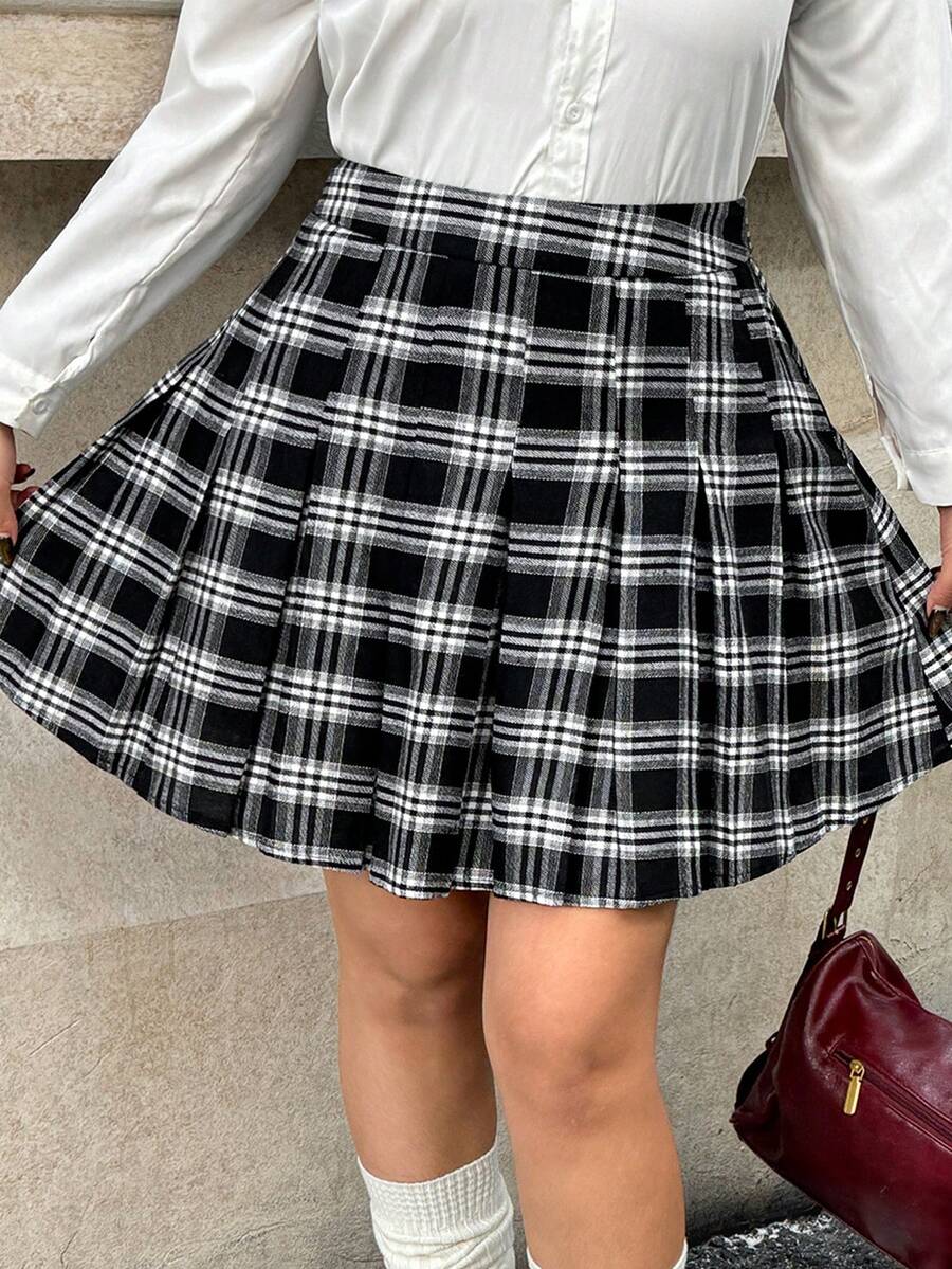 Muchica 大码格子褶皱 A 字裙，适合通勤、约会、返校季、秋冬