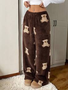 CovetEZ Women's Casual Cartoon Bear Pattern Drawstring Waist Teddy Fleece Long Pants, Autumn/Winter