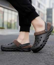 Zueco de hombre cálido diseño acolchado punta redonda talón abierto estilo casual para hogar y oficina - Negro - Ver 2