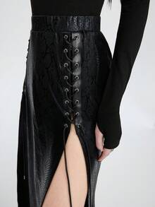 Breakform 女式哥特式性感鳄鱼压纹针织拼布装饰皮革孔眼系带高开衩裙 - 黑色 - 查看 5