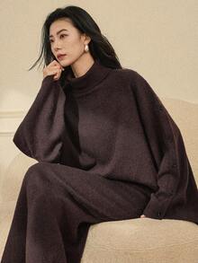 Dazy-Less Bộ đồ nữ thường ngày đơn giản, màu trơn, cổ bẻ, tay cánh dơi gồm áo cardigan và chân váy len, thích hợp cho việc đi làm, mùa thu/đông, phong cách công sở thường ngày. - màu nâu - Xem 5