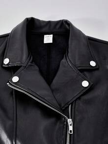 SHEIN ChillGRL Streecool Tween Girl 女童夹克，休闲时尚纯色翻领长袖拉链 PU 机车夹克，常规厚度适合日常休闲、派对、四季度假