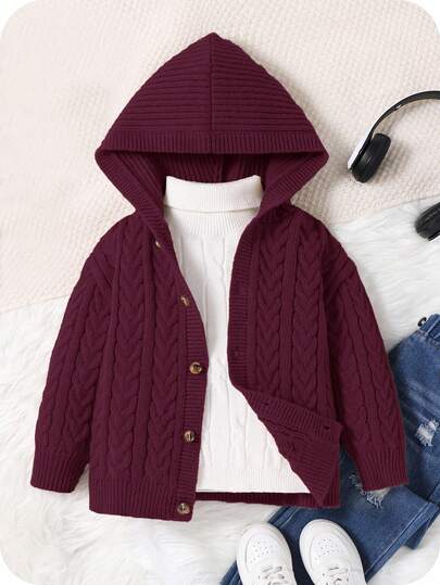 1pc Young Boys' Casual Cute Everyday Comfortable Oversized Khaki Ribbed Trim Hooded Cardigan, Suitable For Outings, School, Daily Gatherings, Autumn/Winter