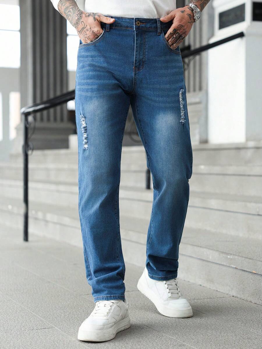 Manfinity Homme Men's Pocket Distressed Straight Loose Casual Versatile Jeans - Blue - View 1