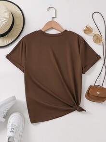 青少年女孩趣味鬼魂印花休闲 T 恤，适合万圣节、秋季上衣 - 咖啡棕 - 查看 2