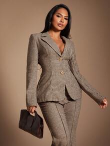 Radiana Bộ vest len họa tiết răng sói màu nâu thanh lịch cổ điển dành cho nữ, áo khoác blazer đính cúc hoa vàng + quần ống loe ôm 2 mảnh, trang phục công sở trang trọng, phù hợp để đi làm, đi làm, đi tiệc, mặc hàng ngày, vừa vặn - màu nâu - Xem 5