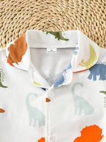 男童睡衣套装 - 两件套睡衣，短袖纽扣领上衣，长裤，恐龙印花，白色底，橙色、蓝色、绿色，可爱俏皮的夏季睡衣，弹性腰带，方便穿脱，2026年假日必备 - 白色 - 查看 3