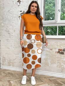 SHEIN LUNE 2pcs Set Plus Size Women Casual Dotted Print Loose Round Neck Top And Skirt Set, Suitable For Summer - Multicolor - View 5