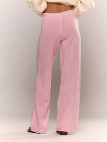 MUSERA Low Rise Drawstring Waist Rib Knit Wide Leg Casual Trousers Winter Everyday Office - Baby Pink - View 3