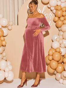 Loomaby 孕妇纯色露肩优雅长袖连衣裙 - 粉色 - 查看 3