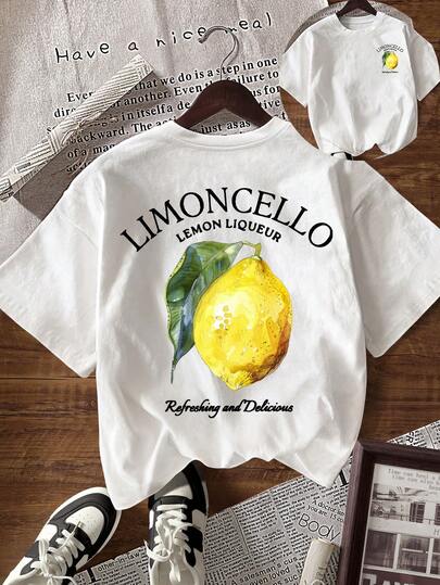 INAWLY Damska luźna koszulka z krótkim rękawem i okrągłym dekoltem w cytrynowy wzór