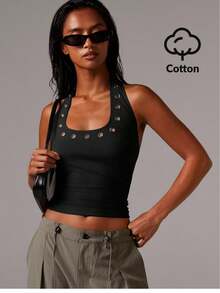 Athîral Women's Halterneck Stud Hardwear Eyelet Jersey Top - Black - View 4