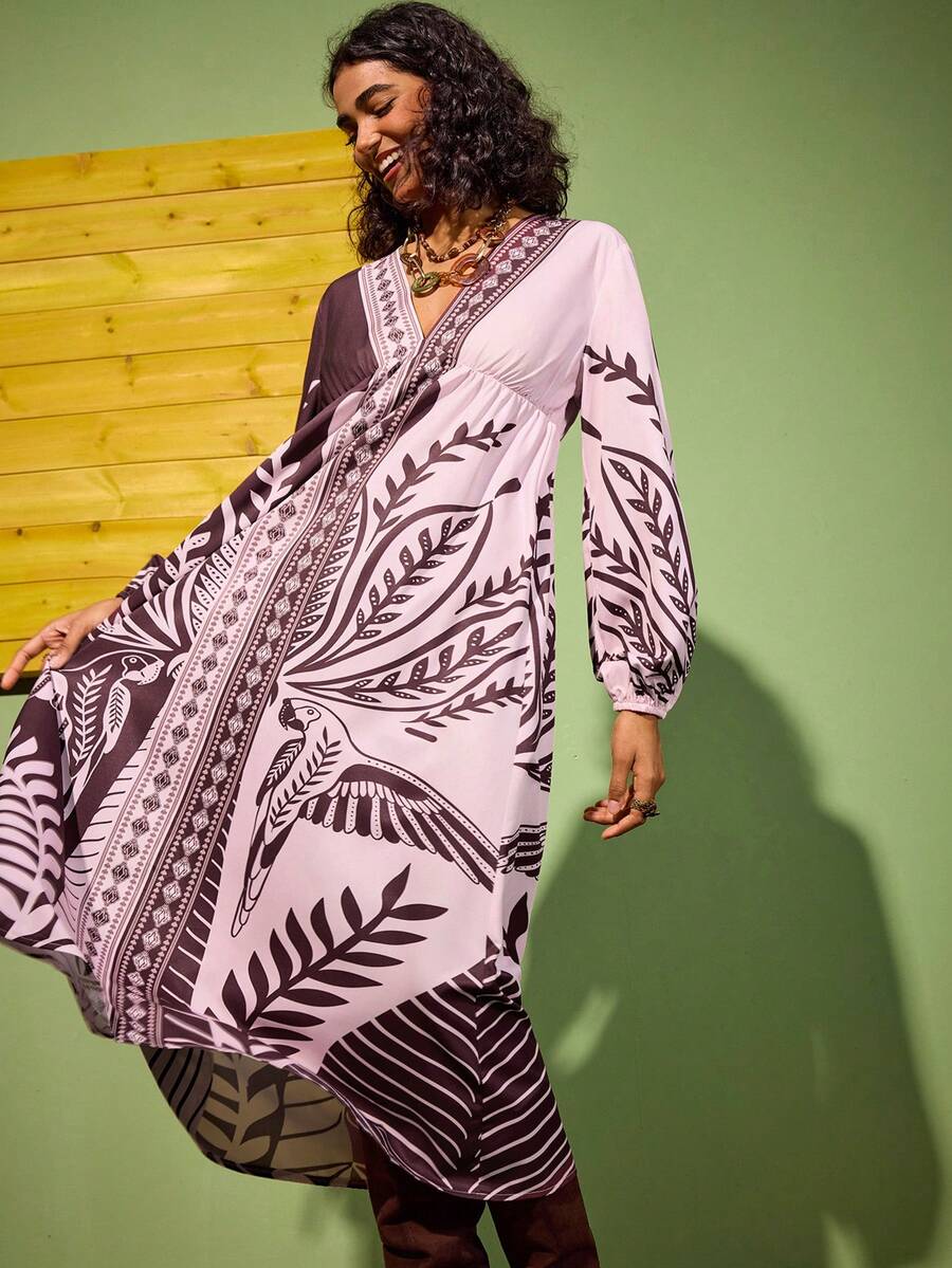 Felipe Marques 女士花鸟印花长袖深V性感连衣裙，适合派对、晚宴、度假、休闲穿着，有白色和红色可选，秋冬季款 - 紅色 - 查看 1