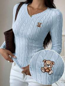SHEIN EZwear 女士小熊刺绣长袖毛衣，女士套头毛衣，浅蓝色上衣，女士蓝色毛衣，女士毛衣 - 藍色 - 查看 3
