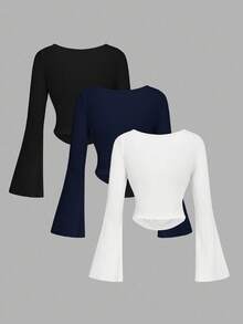 SHEIN MOD 3 chiếc áo thun nữ cổ tròn tay loe xếp ly màu trơn - Màu xanh hải quân - Xem 2