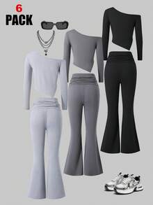 Bộ 3 áo thun bó vai bất đối xứng ChillGRL và quần ống loe nhún bèo, trang phục mùa thu thoải mái, phù hợp cho thanh thiếu niên và phụ nữ trẻ - Nhiều màu - Xem 2